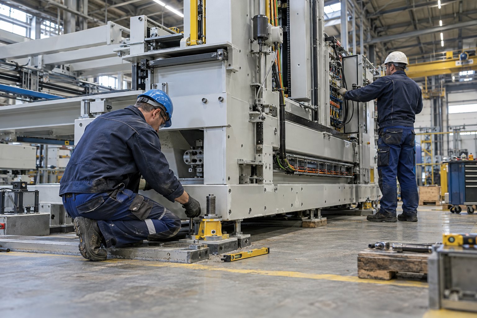 Technici při montáži a ustavení průmyslového stroje